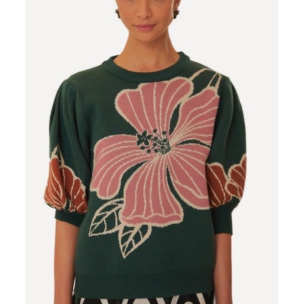 FARM RIO Green Honolulu Flowers Knit Sweater M